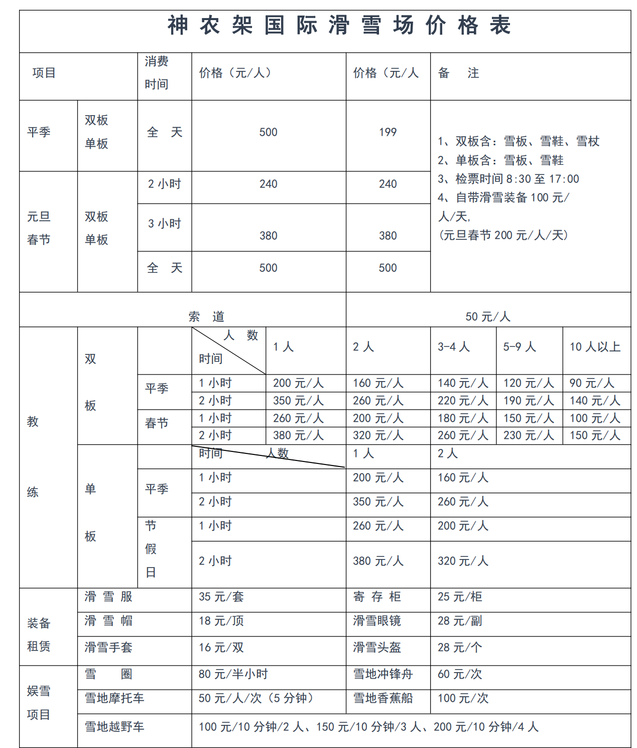 神農架國際滑雪場價格