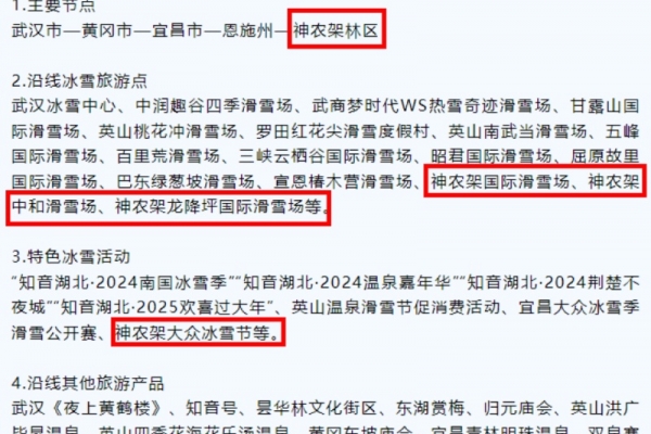 宜昌和神農架滑雪場在文化和旅游部辦公廳推薦的12條冰雪旅游線路中